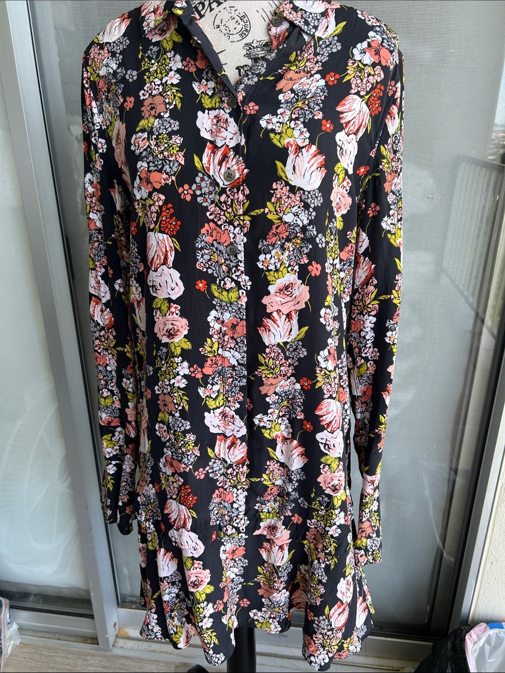 Equipment Black Long-Sleeve Floral Tunic Dress in Pink & Green